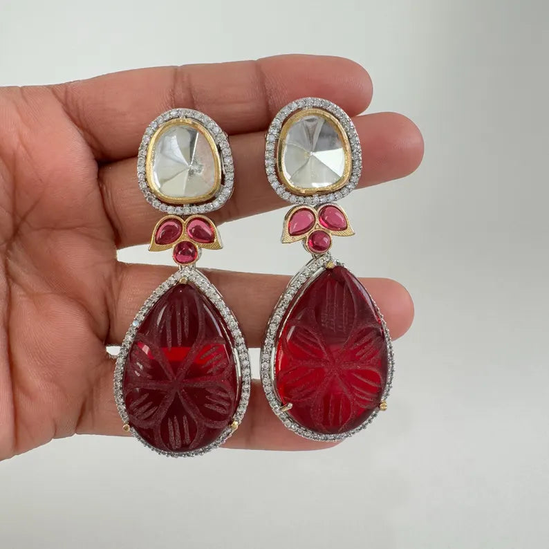 CZ American Diamond Carved stone Sabhyasachi earrings/Indian Jewelry/Pakistani Jewelry/Bollywood Jewelry/Statement earrings/Gift for her