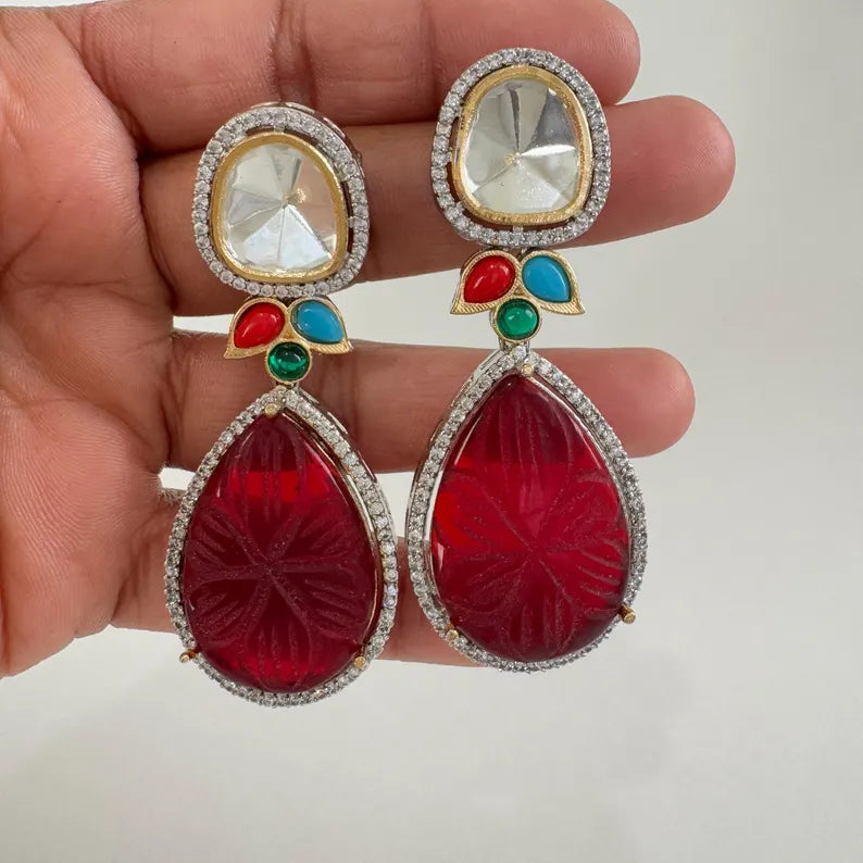 CZ American Diamond Carved stone Sabhyasachi earrings/Indian Jewelry/Pakistani Jewelry/Bollywood Jewelry/Statement earrings/Gift for her