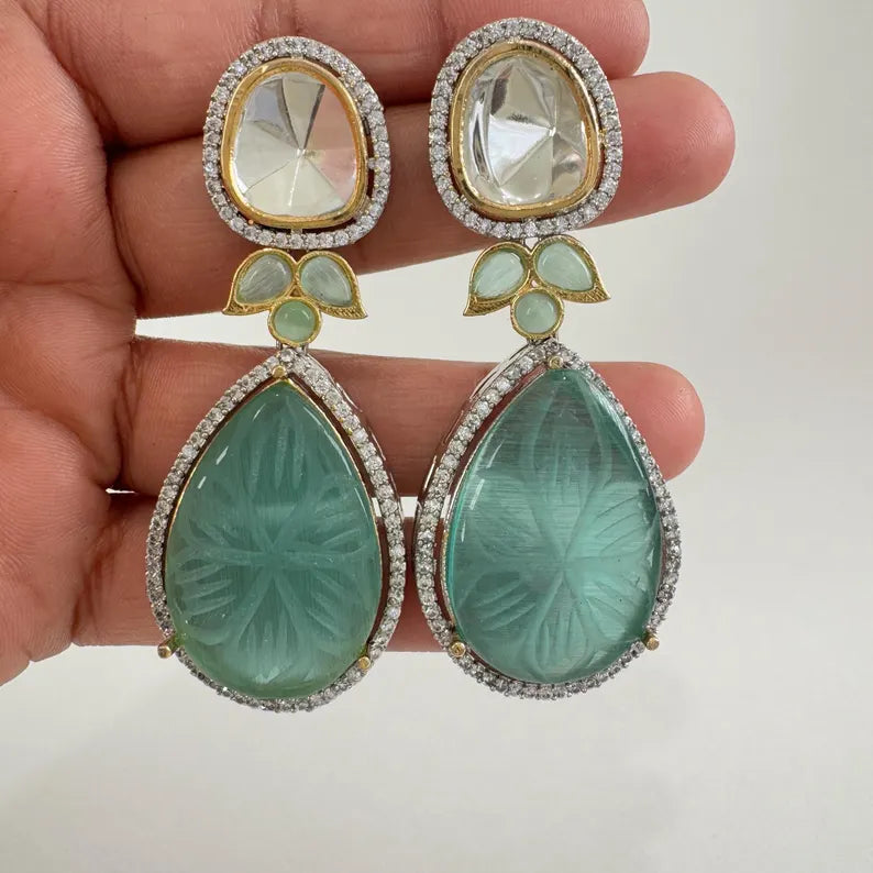 CZ American Diamond Carved stone Sabhyasachi earrings/Indian Jewelry/Pakistani Jewelry/Bollywood Jewelry/Statement earrings/Gift for her
