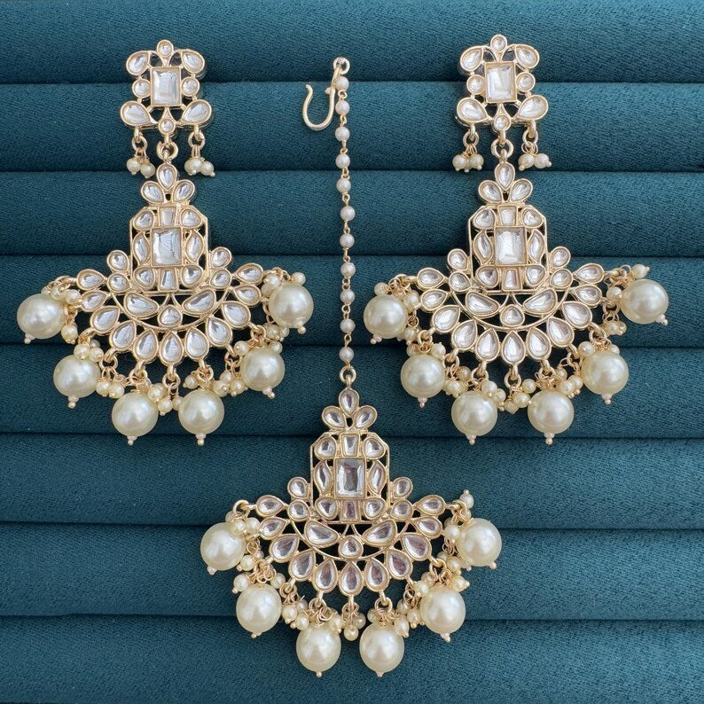 White Pearl Gold Kundan Tikka w/Earring Set Indian Bridal Maang Tikka Headpiece Handmade Pearl Jewelry For Women Bollywood Bridesmaid Gifts