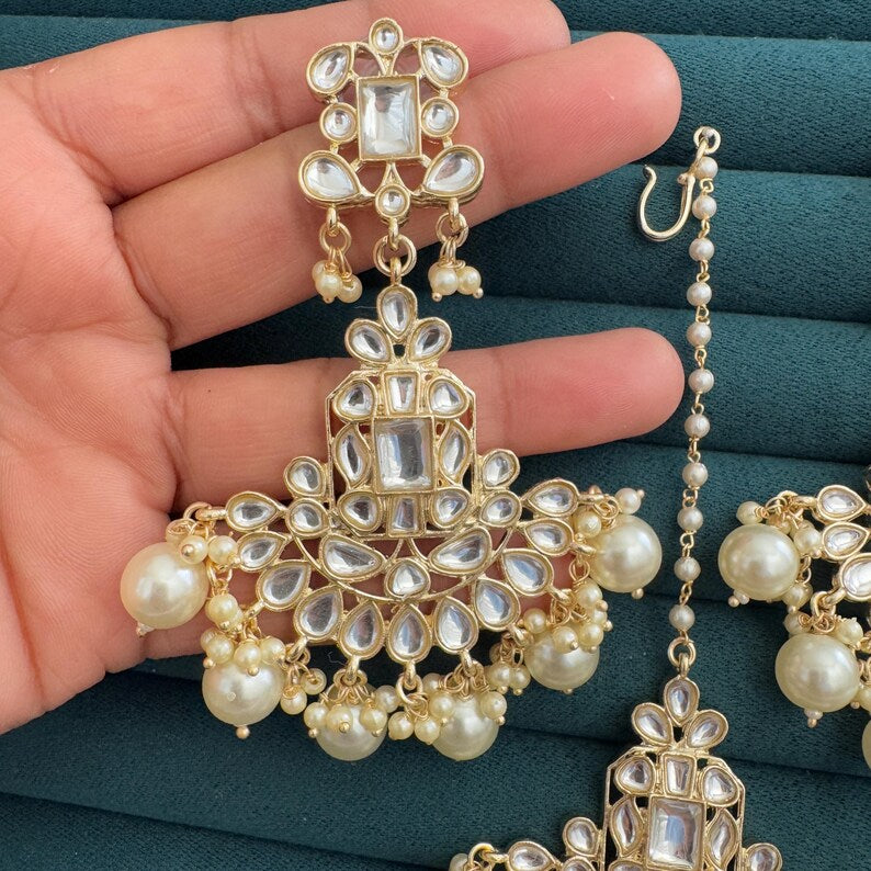 White Pearl Gold Kundan Tikka w/Earring Set Indian Bridal Maang Tikka Headpiece Handmade Pearl Jewelry For Women Bollywood Bridesmaid Gifts