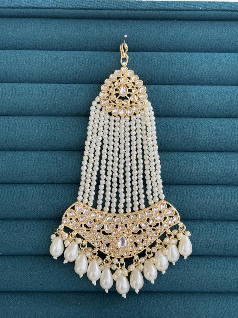 White gold Kundan Pearl Passa, Jhoomer, Side tikka Indian Punjabi Pakistani wedding jewelry, jewelry, Hair accesories