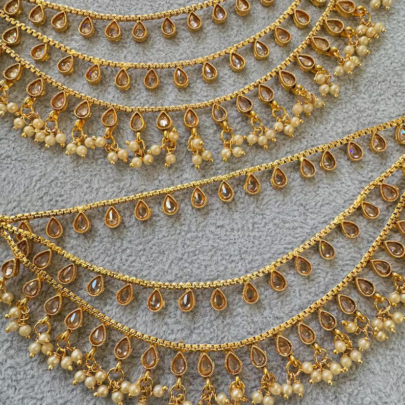 Antique dull Gold Polki pearl Ear Chain/Sahare/Pearl kaan chain/Earring support chain/Indian Jewelry/Pakistani Jewelry/Bahubali Kaan sahara