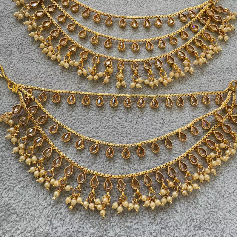 Antique dull Gold Polki pearl Ear Chain/Sahare/Pearl kaan chain/Earring support chain/Indian Jewelry/Pakistani Jewelry/Bahubali Kaan sahara