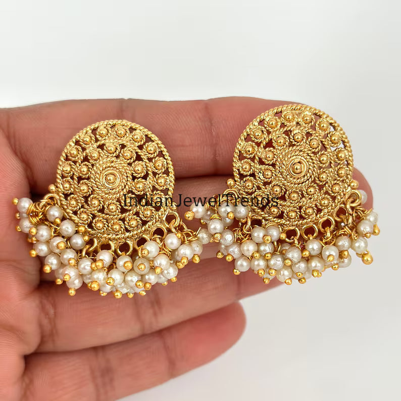 Antique Pearl Gold Studs Earrings /Indian Studs/Indian Earrings/Indian Jewelry/Pearl Stud/Bridal Jewelry/Indian wedding/South Indian Jewelry