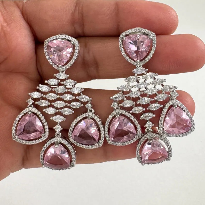 CZ diamond earrings, Indian CZ earrings, american diamond earrings, pakistani jewelry, AD earrings, cocktail earrings, gift for her