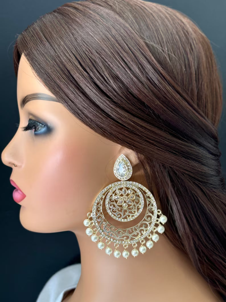 White gold Pearl Kundan chandbali Earrings, White chandbali earrings, Indian pakistani wedding jewelry, bridesmaid gift