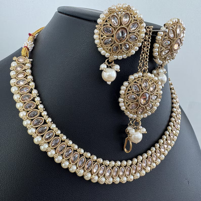 White Antique Polki Kundan Necklace, Kundan Choker, Indian jewelry, Pakistani necklace, punjabi necklace, bridal, indian wedding