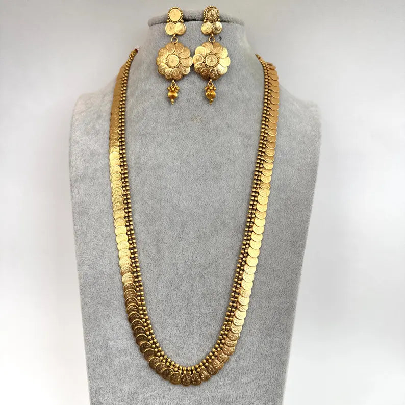 Antique Gold Long Necklace/Indian Necklace/South Indian Necklace/Long Necklace/ Indian Jewelry/Kasu mala/ long Haram