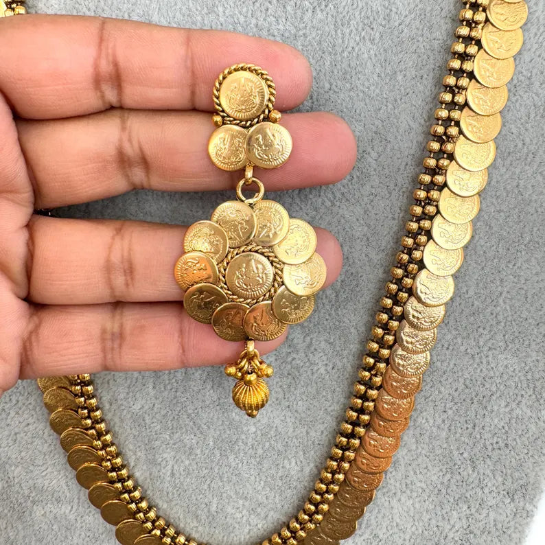 Antique Gold Long Necklace/Indian Necklace/South Indian Necklace/Long Necklace/ Indian Jewelry/Kasu mala/ long Haram