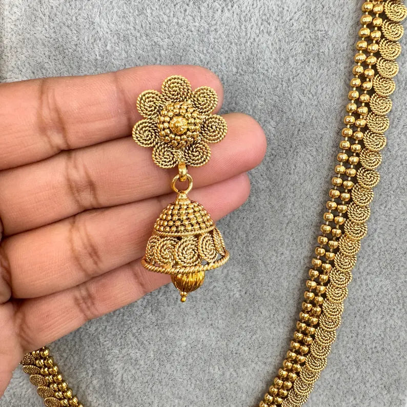 Antique Gold Long Necklace/Indian Necklace/South Indian Necklace/Long Necklace/ Indian Jewelry/Kasu mala/ long Haram