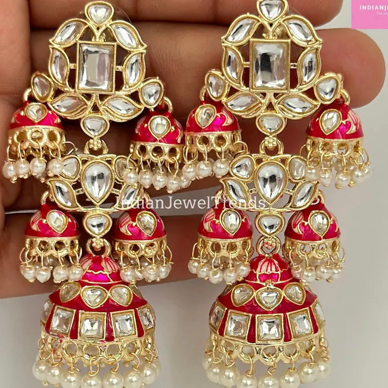 Bahubali Gold Pearl Meenakari Kundan Indian Long Jhumka earrings, Bollywood punjabi pakistani earrings for wedding jewelry