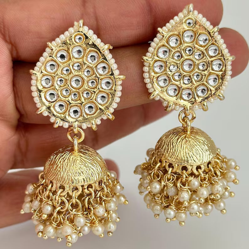 White Gold Pearl Jhumka/Punjabi Jewelry/Bollywood Jewelry/Gold Kundan Jhumkas/TrendyJhumka Earring/Indian Jewelry/Pakistani Jewelry