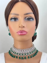 Green Silver CZ Diamond Bridal necklace, American Diamond Necklace,Indian pakistani jewelry for wedding, gift for her,bridal jewelry