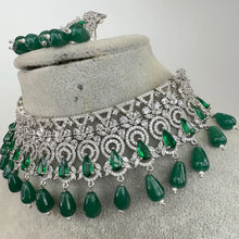 Green Silver CZ Diamond Bridal necklace, American Diamond Necklace,Indian pakistani jewelry for wedding, gift for her,bridal jewelry