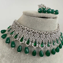 Green Silver CZ Diamond Bridal necklace, American Diamond Necklace,Indian pakistani jewelry for wedding, gift for her,bridal jewelry