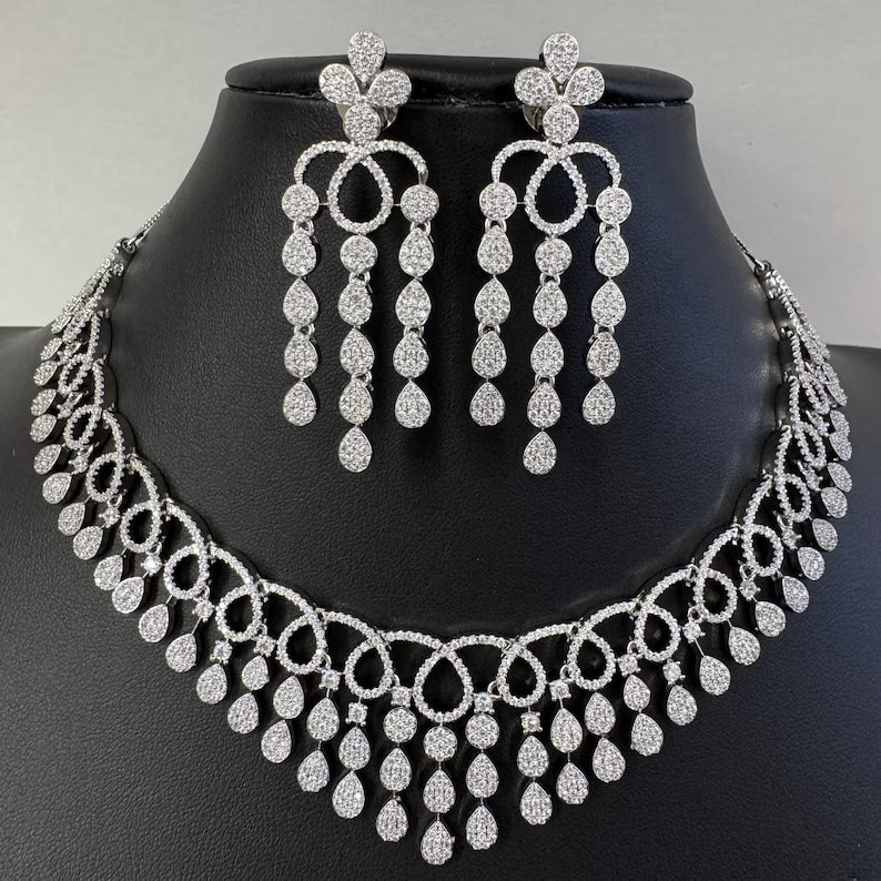 White silver American Diamond necklace/Delicate CZ Stones Necklace/Elegant/Unique Jewelry/Indian/Pakistani/Bollywood/Indian Wedding/Bridal