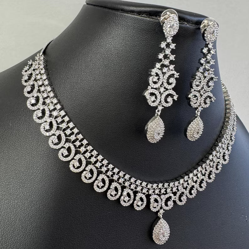 White silver American Diamond necklace/Delicate CZ Stones Necklace/Elegant/Unique Jewelry/Indian/Pakistani/Bollywood/Indian Wedding/Bridal