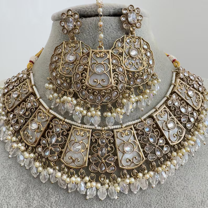 White Antique Polki Kundan necklace set/Reverse Ad Necklace/Statement necklace/Indian/Punjabi Necklace/Pakistani Jewelry/Bridal necklace/
