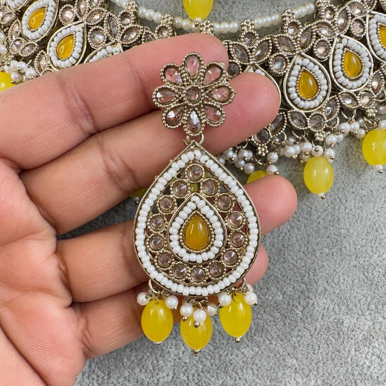 Yellow Antique Polki Kundan necklace/Indian Jewelry/Pakistani Jewelry set/Weddings necklace/Bridal necklace/Reverse AD Set