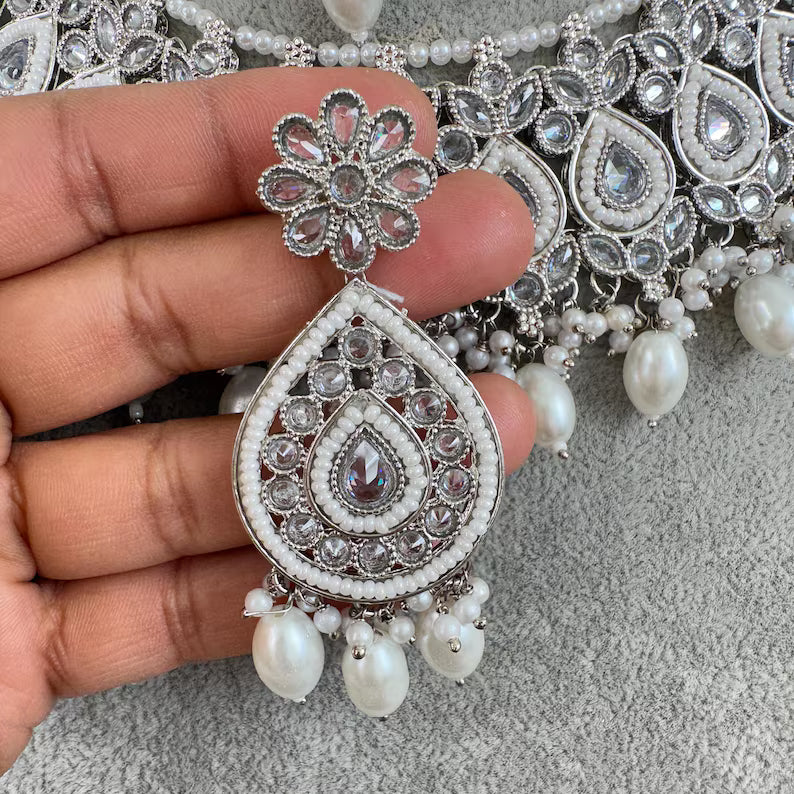 White Silver Polki Kundan necklace/Indian Jewelry/Pakistani Jewelry set/Weddings necklace/Bridal necklace/Reverse AD Set