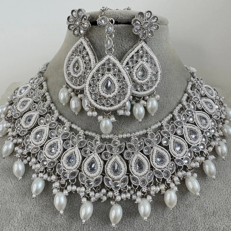 White Silver Polki Kundan necklace/Indian Jewelry/Pakistani Jewelry set/Weddings necklace/Bridal necklace/Reverse AD Set