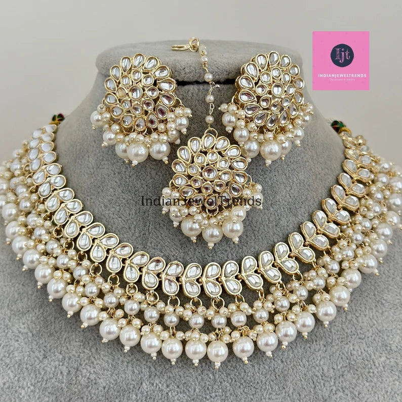 White Pearl Kundan Necklace Set/Kundan Choker/ Bollywood Jewelry/ Indian jewelry/ Pakistani necklace/ punjabi necklace/bridal/indian wedding