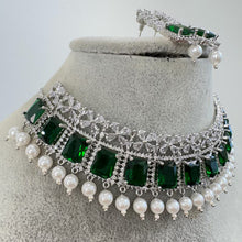 Green Silver CZ Diamond necklace, American Diamond Necklace,Indian pakistani jewelry for wedding, gift for her, bridal jewelry