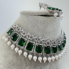 Green Silver CZ Diamond necklace, American Diamond Necklace,Indian pakistani jewelry for wedding, gift for her, bridal jewelry