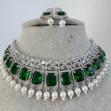 Green Silver CZ Diamond necklace, American Diamond Necklace,Indian pakistani jewelry for wedding, gift for her, bridal jewelry