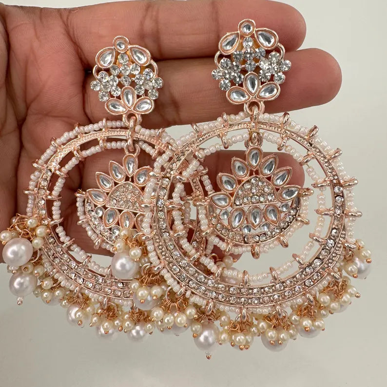 White Rose Gold Bollywood Stone Kundan Chandbali Earrings, Stone earrings, Indian Kundan Earrings,Pakistani Punjabi earrings, Indian wedding