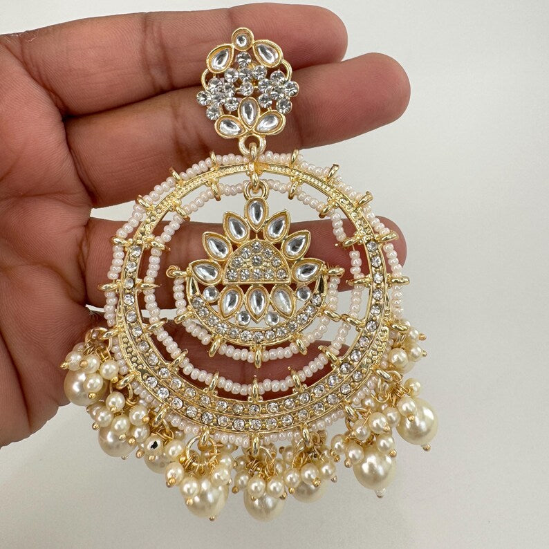 White Gold Bollywood Stone Kundan Chandbali Earrings, Indian chandbali, Pakistani jewelry, kundan earrings, indian Pakistani wedding