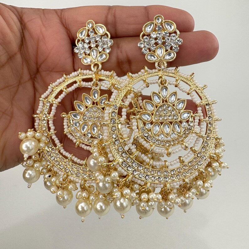 White Gold Bollywood Stone Kundan Chandbali Earrings, Indian chandbali, Pakistani jewelry, kundan earrings, indian Pakistani wedding