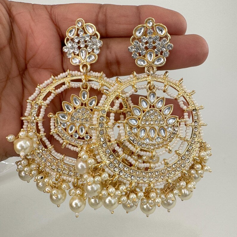 White Gold Bollywood Stone Kundan Chandbali Earrings, Indian chandbali, Pakistani jewelry, kundan earrings, indian Pakistani wedding