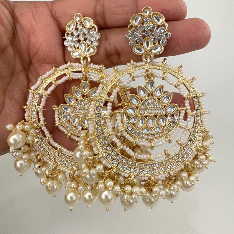 White Gold Bollywood Stone Kundan Chandbali Earrings, Indian chandbali, Pakistani jewelry, kundan earrings, indian Pakistani wedding