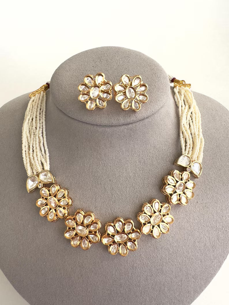 White Pearl Moissanite Kundan Necklace Choker set/Statement Choker Set/Indian Jewelry/Pakistani Jewelry/Wedding necklace/Bridal necklace
