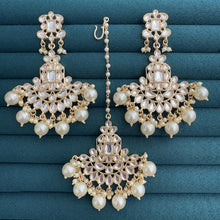 White Pearl Gold Kundan Tikka w/Earring Set Indian Bridal Maang Tikka Headpiece Handmade Pearl Jewelry For Women Bollywood Bridesmaid Gifts