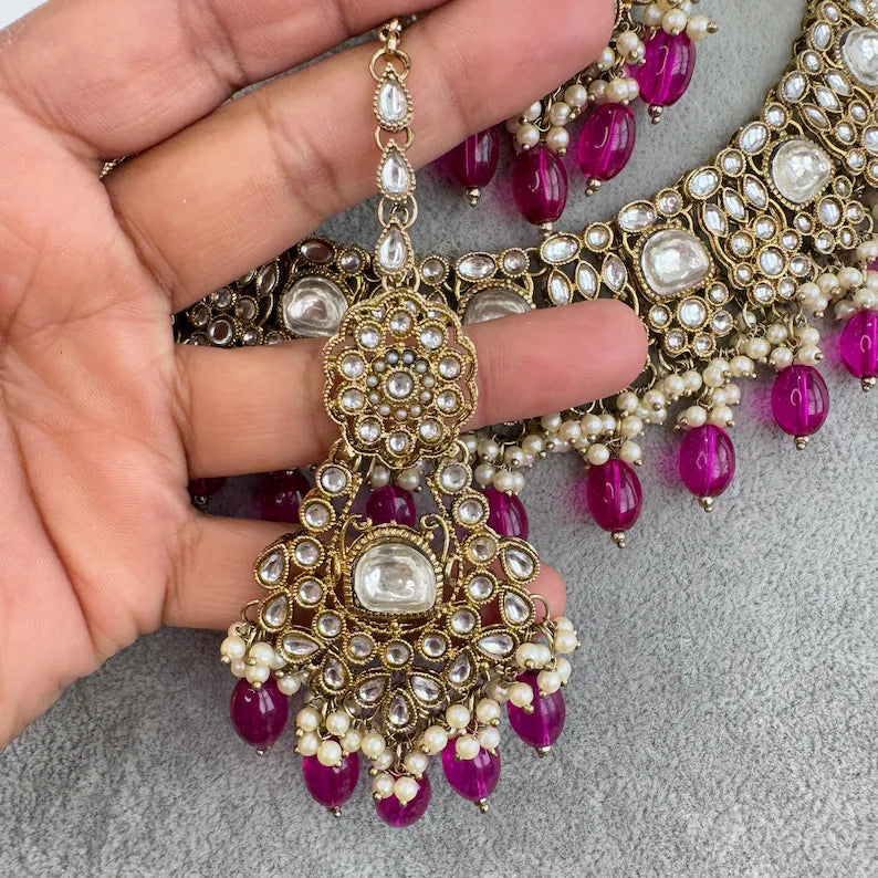 Wine Purple Antique Kundan Pearl Necklace with earrings and tikka, bridal necklace, Indian Pakistani Wedding Jewelry, Kundan Necklace