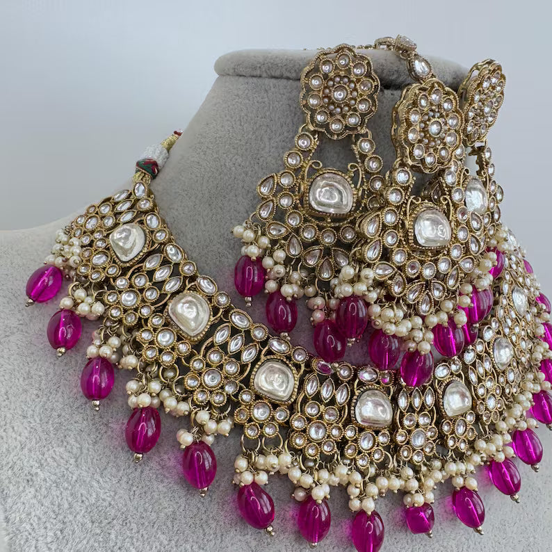 Wine Purple Antique Kundan Pearl Necklace with earrings and tikka, bridal necklace, Indian Pakistani Wedding Jewelry, Kundan Necklace