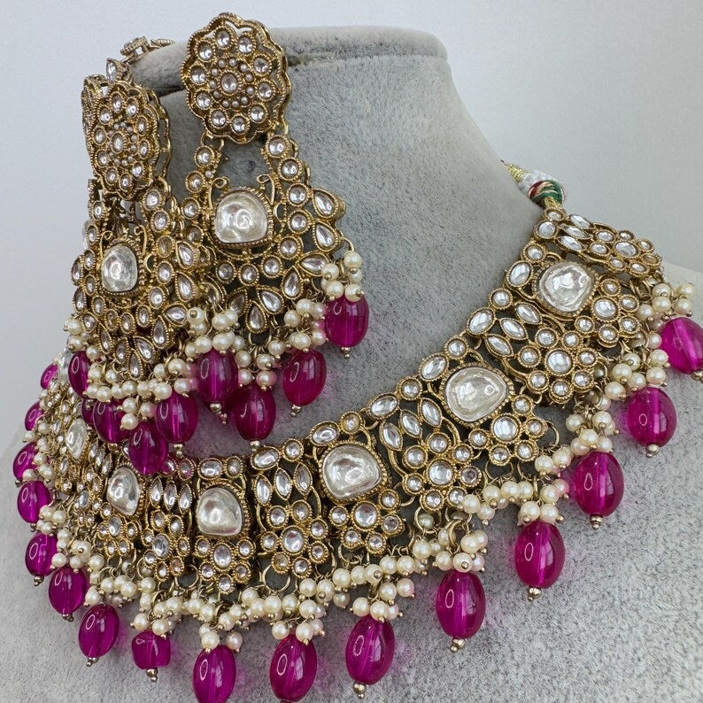 Wine Purple Antique Kundan Pearl Necklace with earrings and tikka, bridal necklace, Indian Pakistani Wedding Jewelry, Kundan Necklace