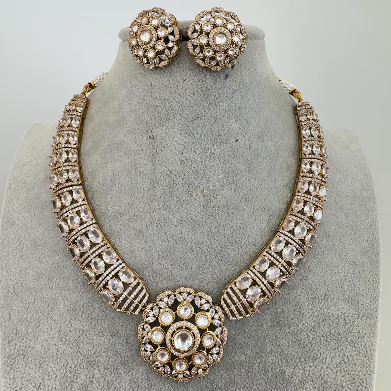 White Victorian Moissanite polki Cz diamond Necklace, Indian Bridal Jewelry, Bollywood Sabyasachi Designer necklace, Pakistani Wedding