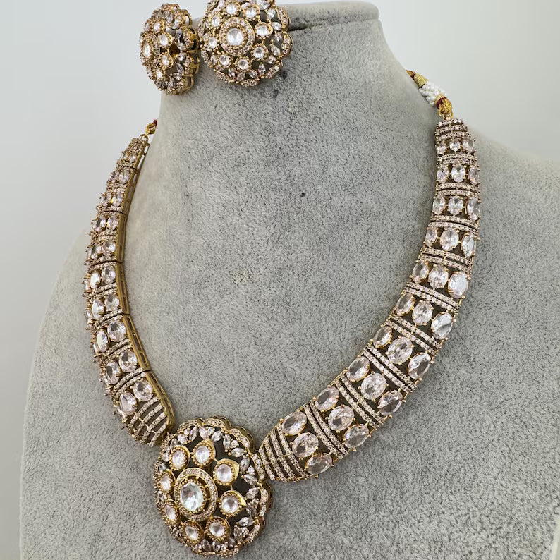 White Victorian Moissanite polki Cz diamond Necklace, Indian Bridal Jewelry, Bollywood Sabyasachi Designer necklace, Pakistani Wedding