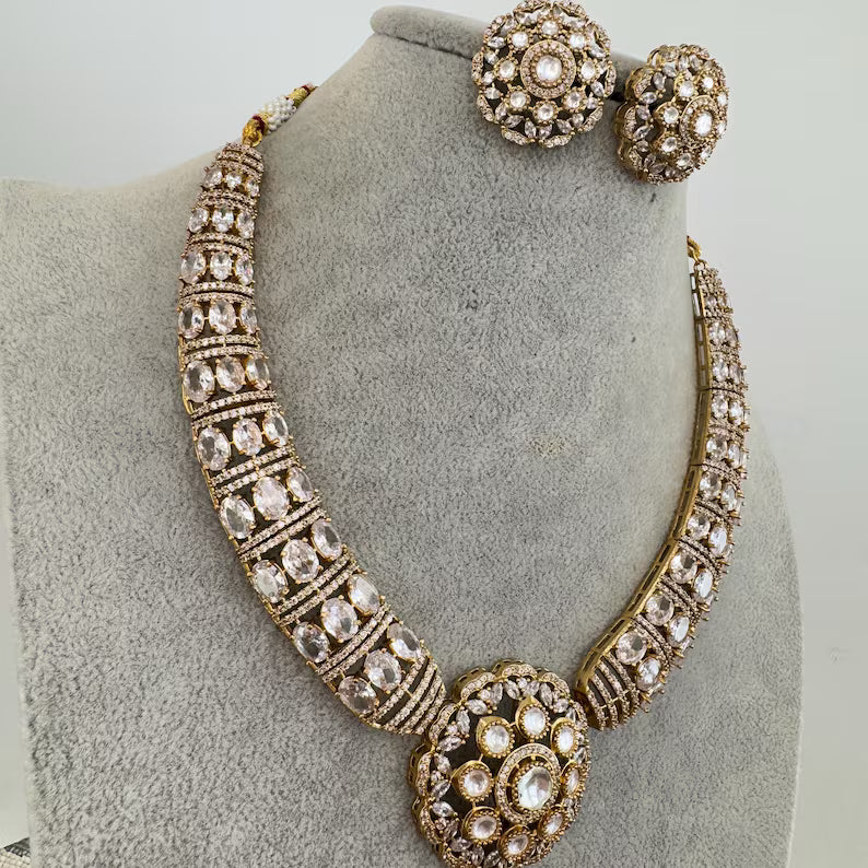 White Victorian Moissanite polki Cz diamond Necklace, Indian Bridal Jewelry, Bollywood Sabyasachi Designer necklace, Pakistani Wedding