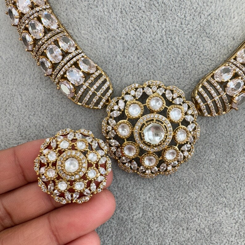 White Victorian Moissanite polki Cz diamond Necklace, Indian Bridal Jewelry, Bollywood Sabyasachi Designer necklace, Pakistani Wedding