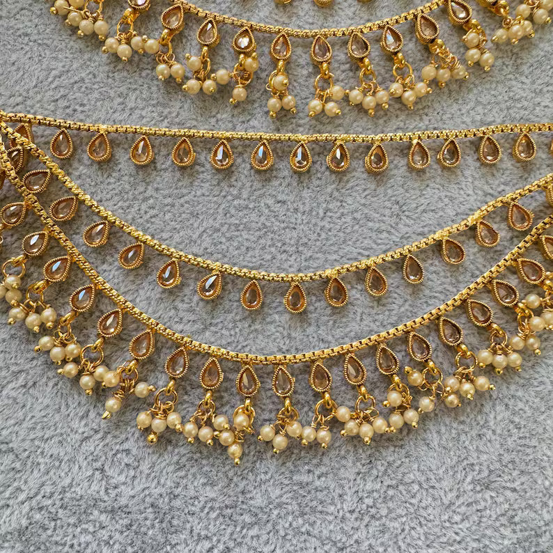 Antique dull Gold Polki pearl Ear Chain/Sahare/Pearl kaan chain/Earring support chain/Indian Jewelry/Pakistani Jewelry/Bahubali Kaan sahara