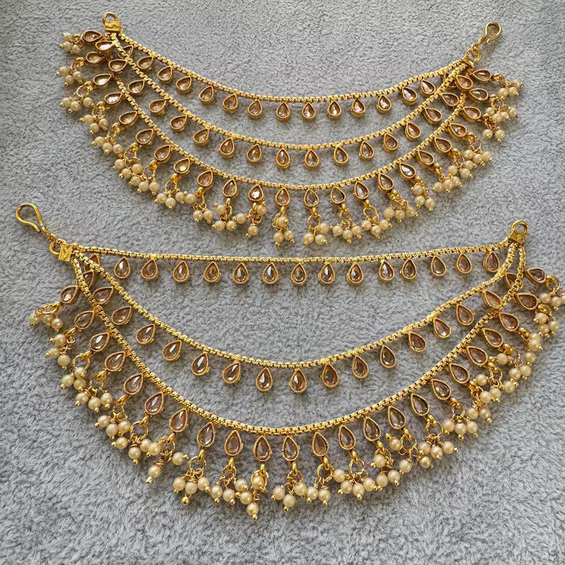 Antique dull Gold Polki pearl Ear Chain/Sahare/Pearl kaan chain/Earring support chain/Indian Jewelry/Pakistani Jewelry/Bahubali Kaan sahara