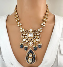 Blue Victorian Moissanite polki CZ stone diamond Necklace, Sabyasachi Necklace, Statement Necklace, Semi Precious Designer necklace