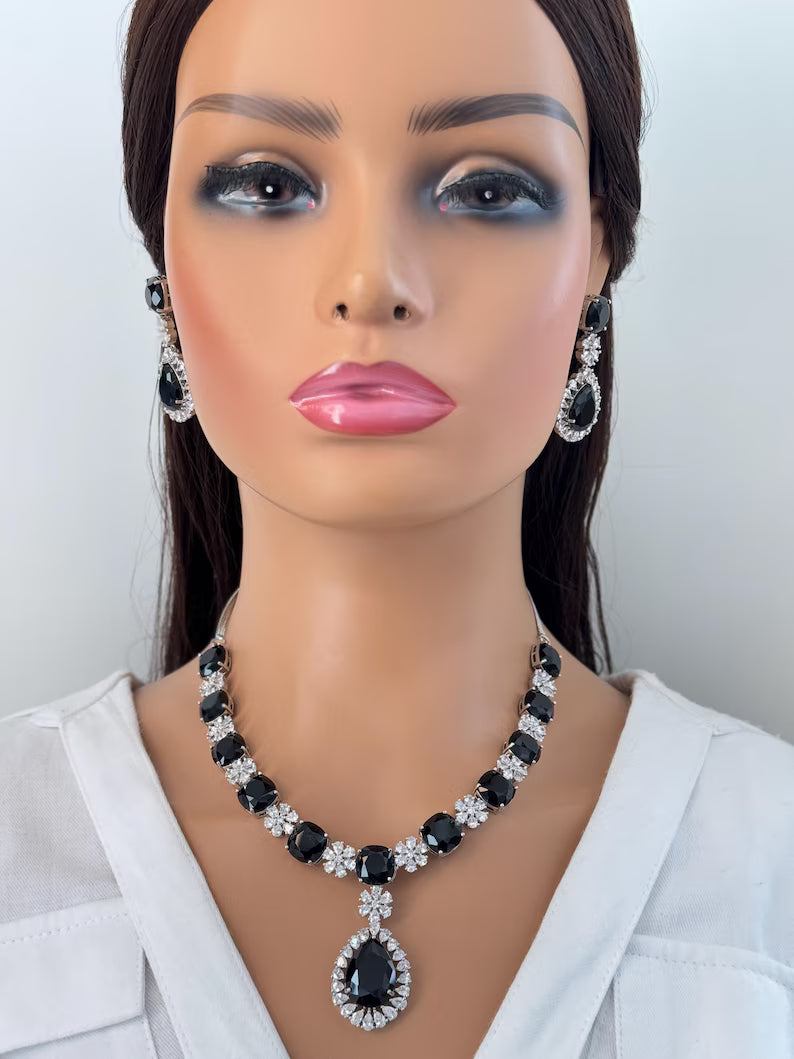 Black TearDrop CZ diamond Necklace, Indian CZ diamond, Prom Jewelry, Mother of the Bride Teardrop Necklace, Bridesmaid, Graduation gift