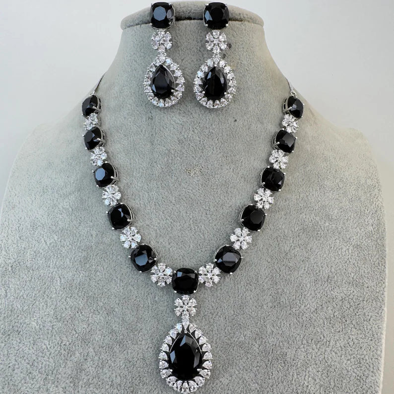 Black TearDrop CZ diamond Necklace, Indian CZ diamond, Prom Jewelry, Mother of the Bride Teardrop Necklace, Bridesmaid, Graduation gift