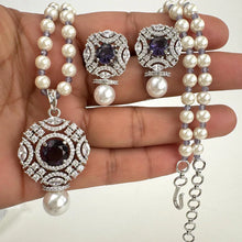Pearl Silver CZ Diamond Pendent necklace with Earrings CZ Stones Necklace Set/Elegant/Unique Jewelry/Indian/Pakistani/Bollywood/Gift for her